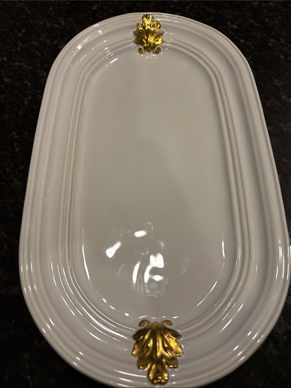 Juliska Gold Acanthus Ceramic Oval Serving Platter with Gold Leaf Embellishments